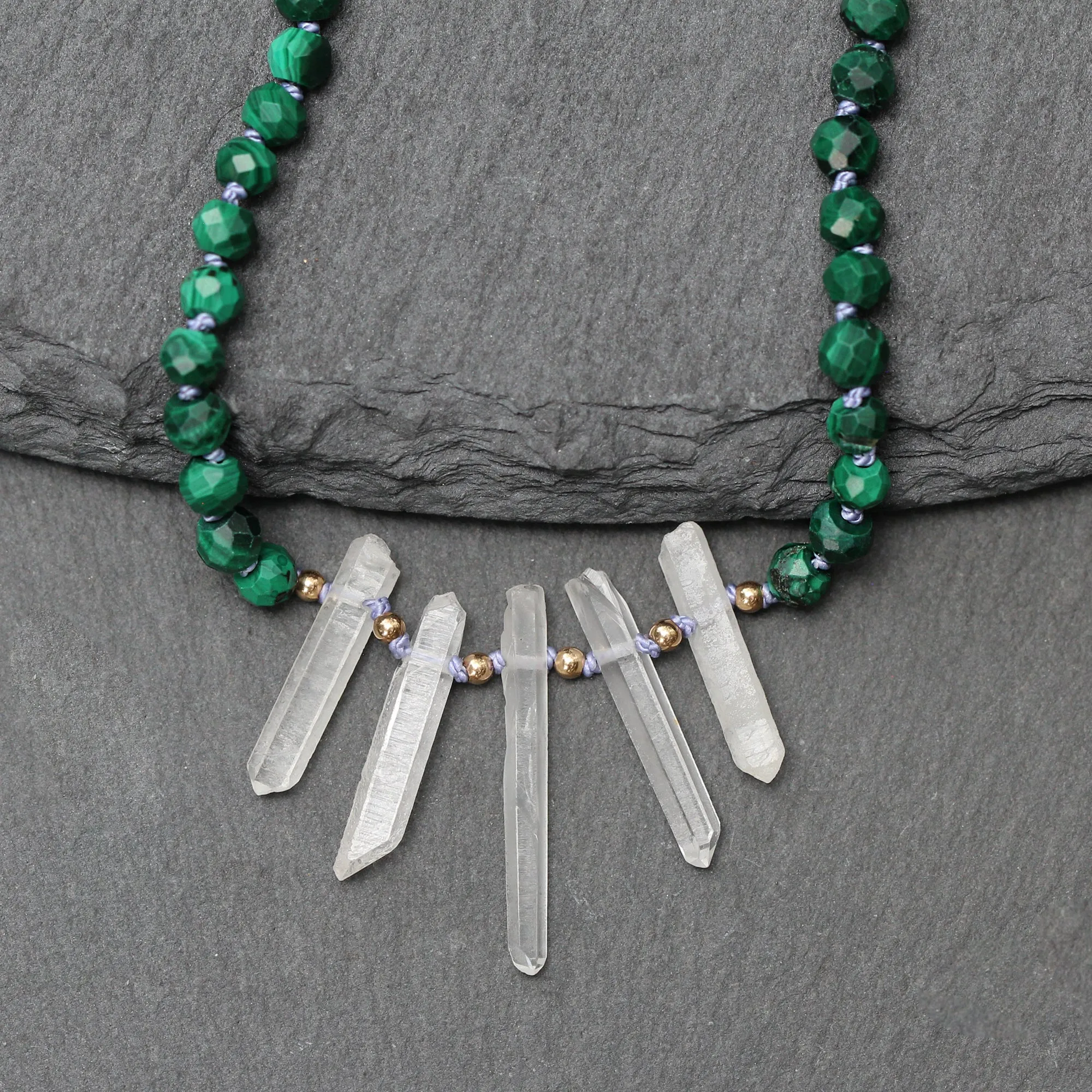 14k Gold Malachite Quartz Crystal Beaded Necklace