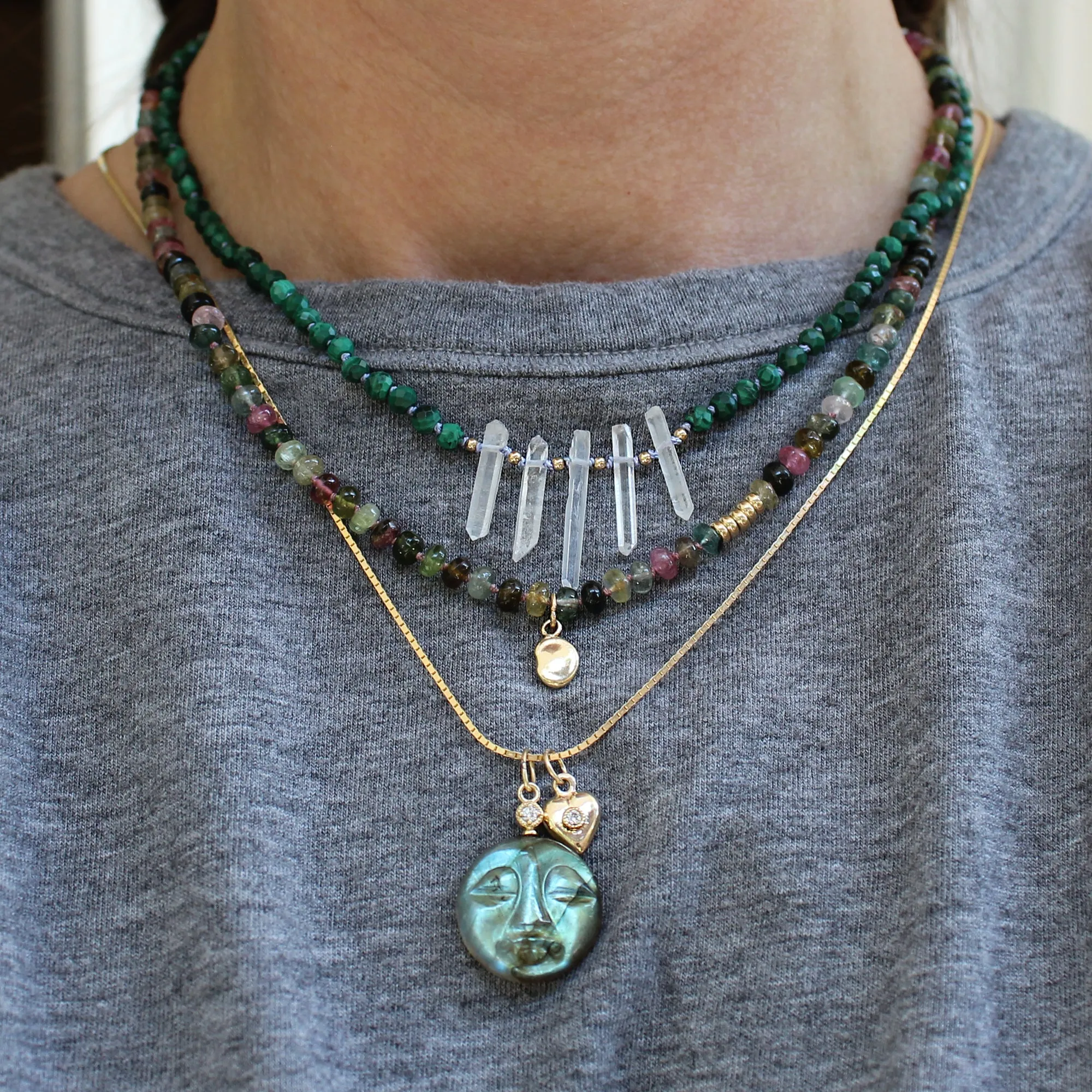 14k Gold Malachite Quartz Crystal Beaded Necklace