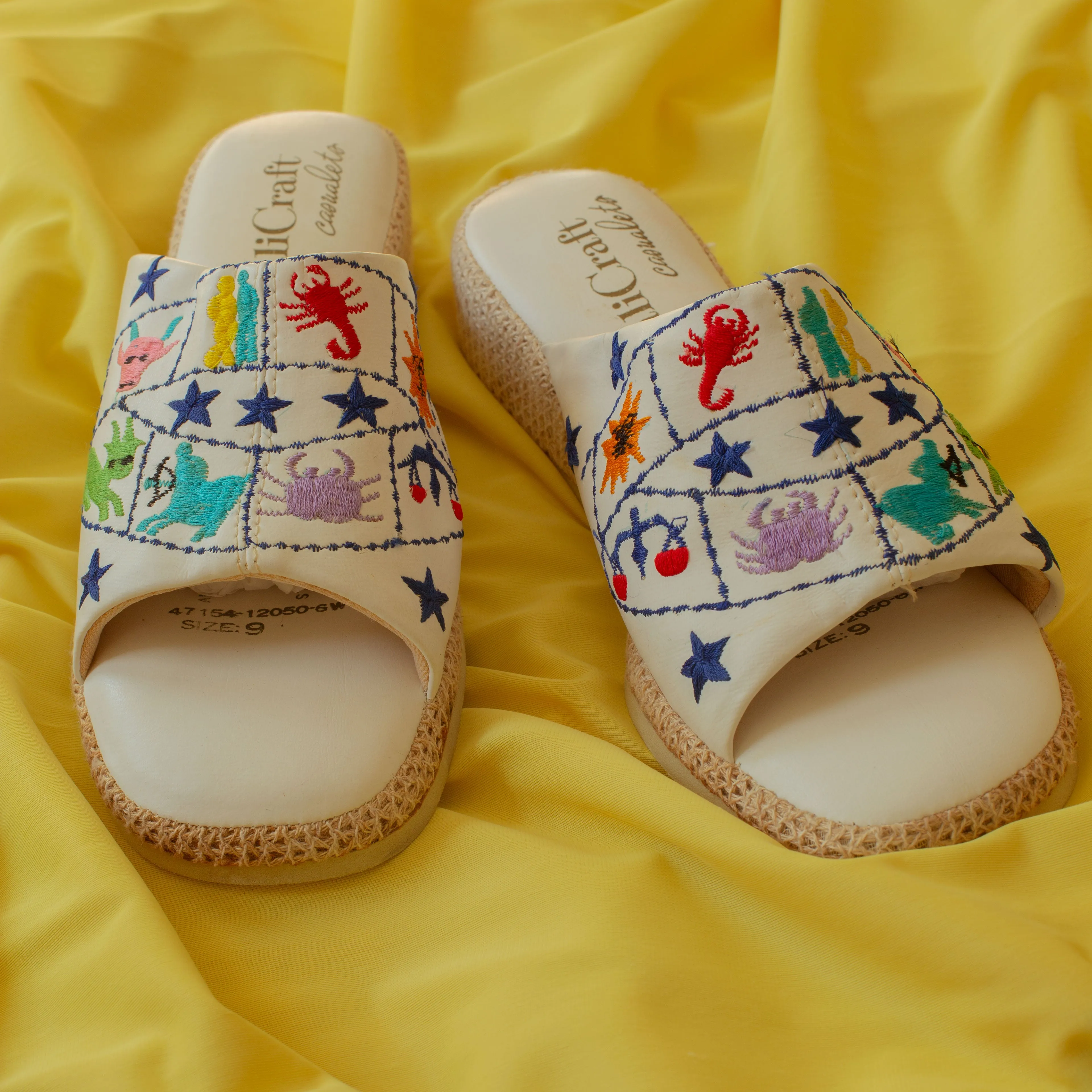 1960s Embroidered Astrology Zodiac Slippers