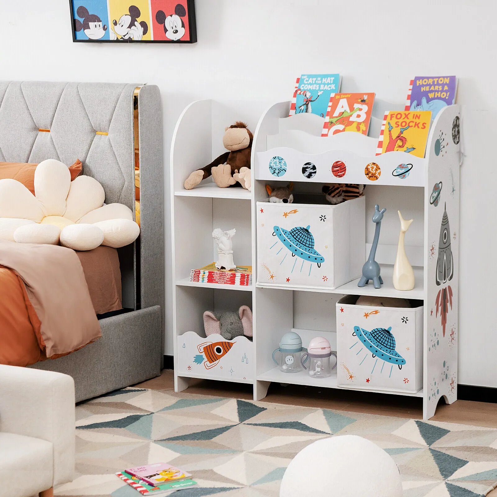 2-in-1 Montessori Bookshelf & Toy Storage Unit | Wooden Storage | Space Theme | White