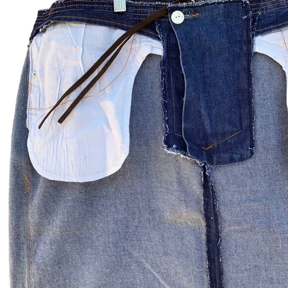 90s Jean Skirt | Leather Lace up Denim | Plus Size Distressed | Cotton Stretch |