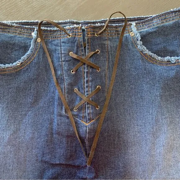 90s Jean Skirt | Leather Lace up Denim | Plus Size Distressed | Cotton Stretch |