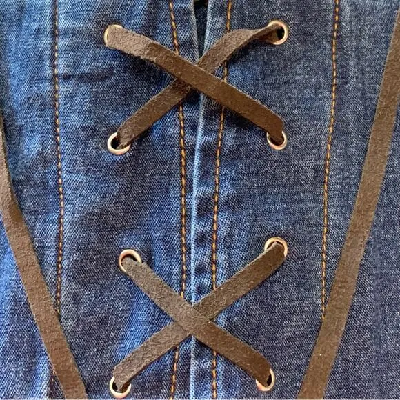 90s Jean Skirt | Leather Lace up Denim | Plus Size Distressed | Cotton Stretch |
