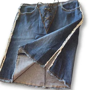 90s Jean Skirt | Leather Lace up Denim | Plus Size Distressed | Cotton Stretch |