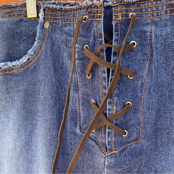 90s Jean Skirt | Leather Lace up Denim | Plus Size Distressed | Cotton Stretch |
