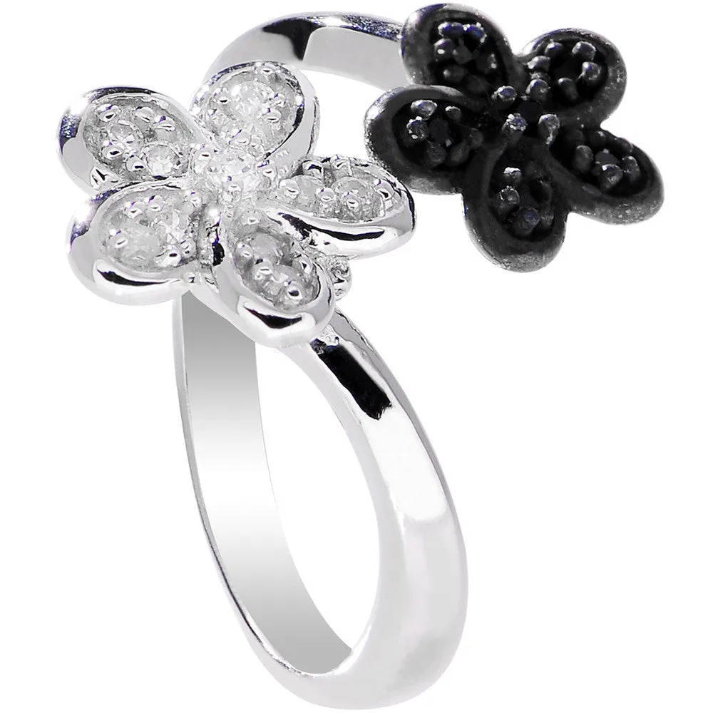 925 Sterling Silver Clear Black CZ Twin Flower Toe Ring