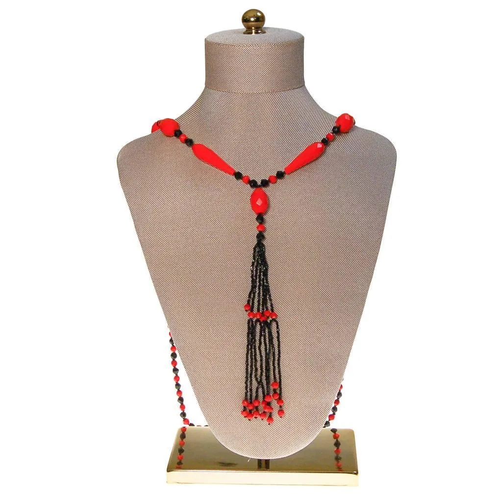 Art Deco Black and Red Beaded Tassel Necklace