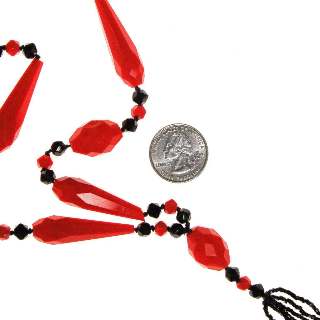Art Deco Black and Red Beaded Tassel Necklace