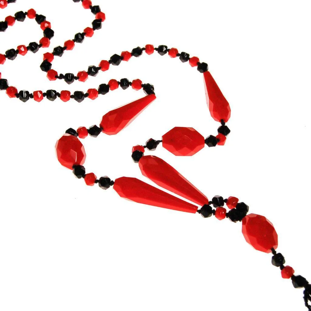 Art Deco Black and Red Beaded Tassel Necklace
