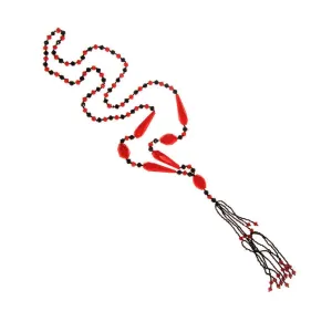 Art Deco Black and Red Beaded Tassel Necklace