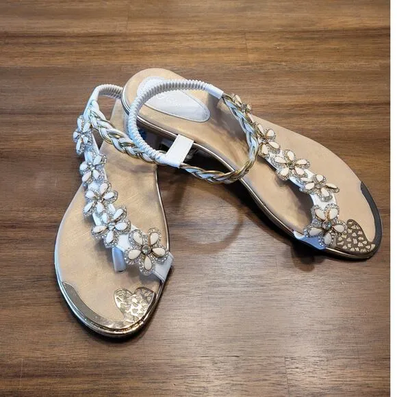 Atalina Toe Ring White Floral Rhinestone Embellished Woven Sandal, Sz 10