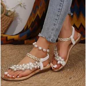 Atalina Toe Ring White Floral Rhinestone Embellished Woven Sandal, Sz 10