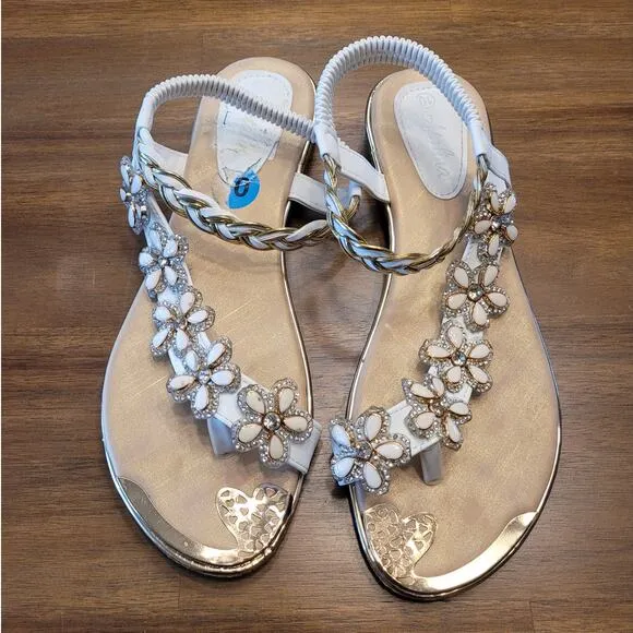 Atalina Toe Ring White Floral Rhinestone Embellished Woven Sandal, Sz 10