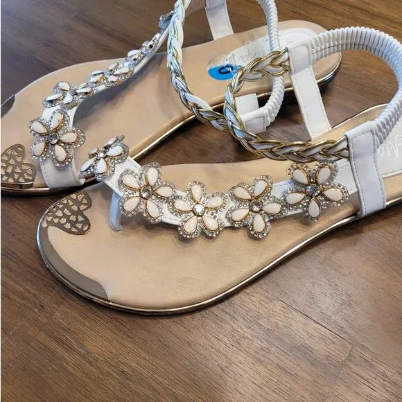 Atalina Toe Ring White Floral Rhinestone Embellished Woven Sandal, Sz 10