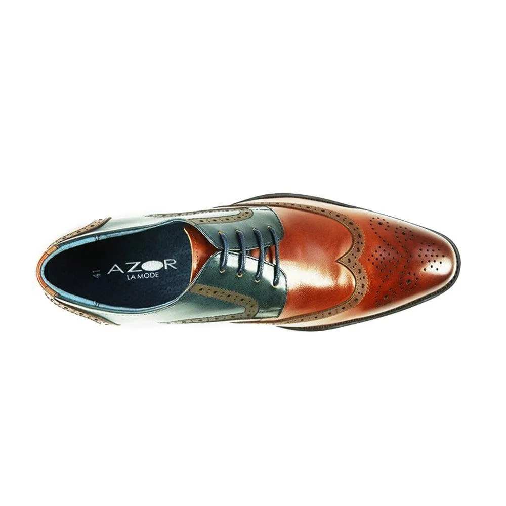 Azor Men's Oval Long Missori Wingtip Leather Lace Up Shoes Tan 7 to 12