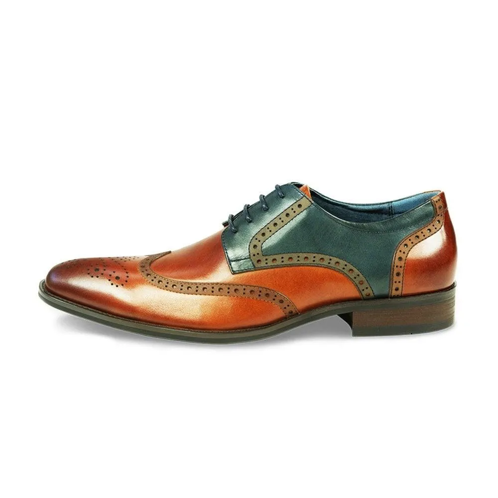 Azor Men's Oval Long Missori Wingtip Leather Lace Up Shoes Tan 7 to 12