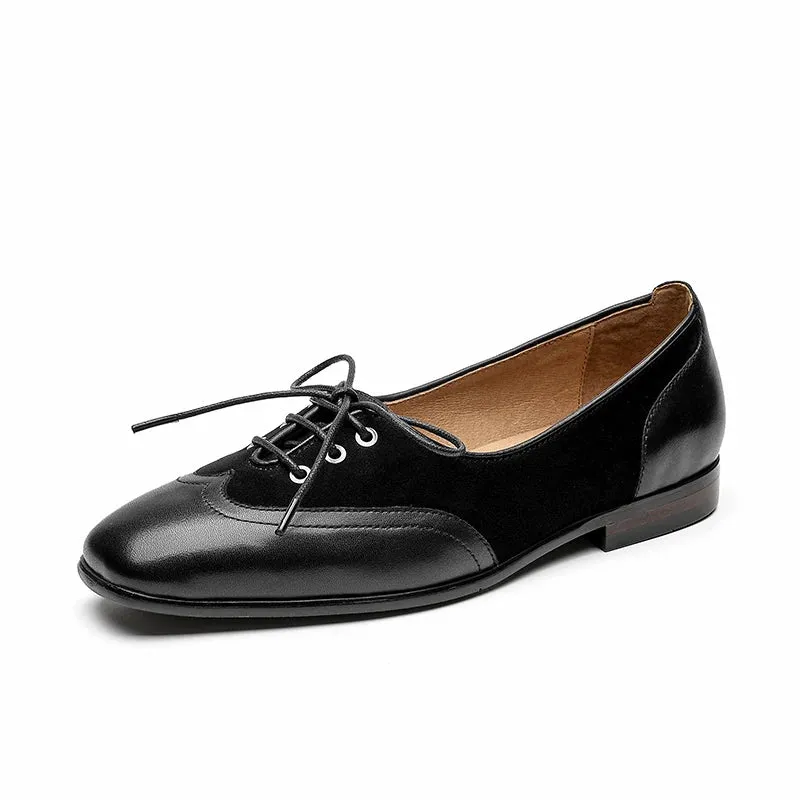 BeauToday Shallow Flats Women Calfskin Kid Suede Leather Wingtip Square Toe Lace Up Closure Ladies Casual Shoes Handmade 28068