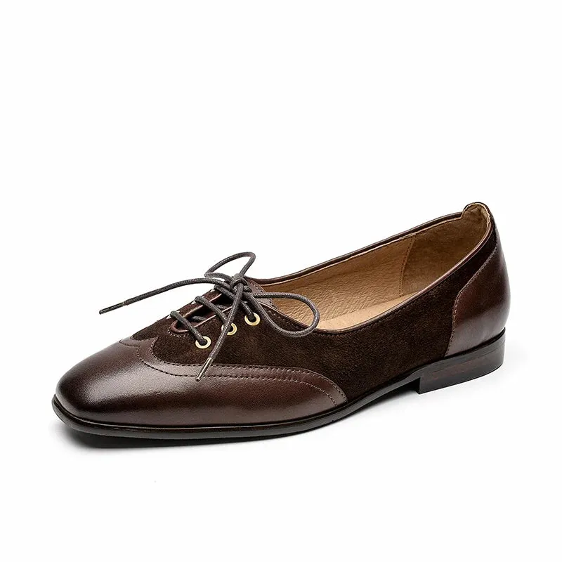BeauToday Shallow Flats Women Calfskin Kid Suede Leather Wingtip Square Toe Lace Up Closure Ladies Casual Shoes Handmade 28068