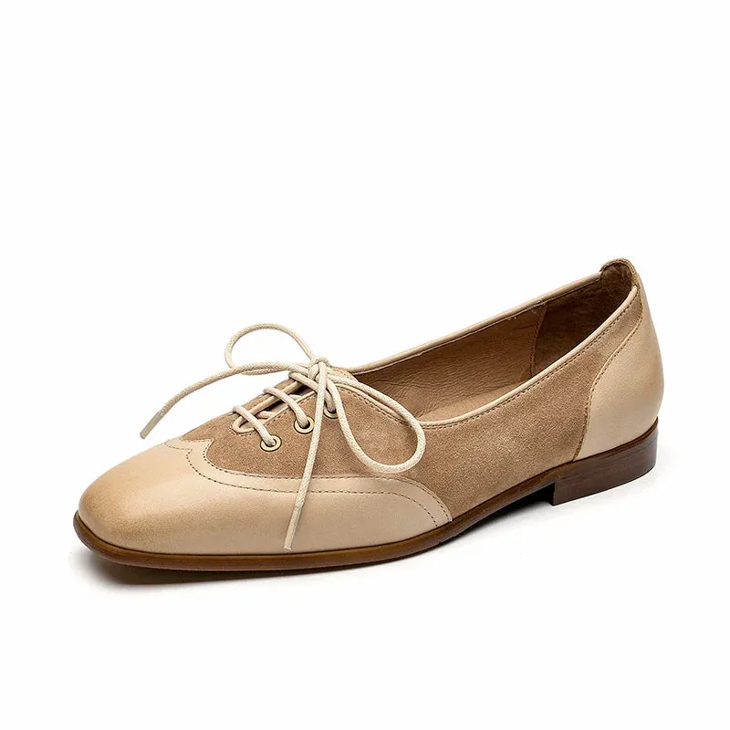 BeauToday Shallow Flats Women Calfskin Kid Suede Leather Wingtip Square Toe Lace Up Closure Ladies Casual Shoes Handmade 28068