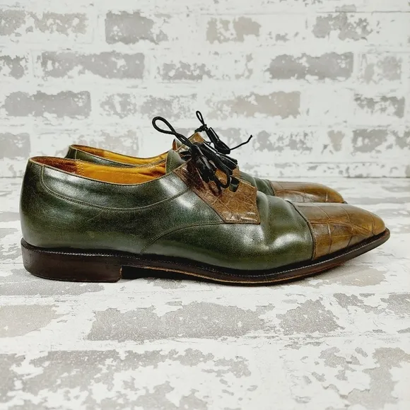 Bossini Green/Brown Aligator Leather Lace Up Pointed Toe Men's Oxfords O 373