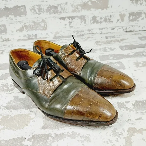 Bossini Green/Brown Aligator Leather Lace Up Pointed Toe Men's Oxfords O 373