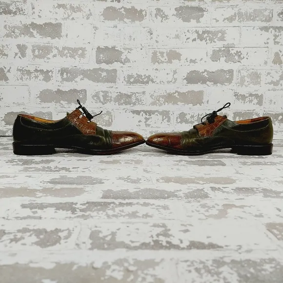 Bossini Green/Brown Aligator Leather Lace Up Pointed Toe Men's Oxfords O 373