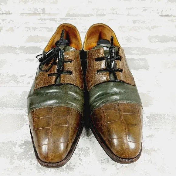 Bossini Green/Brown Aligator Leather Lace Up Pointed Toe Men's Oxfords O 373