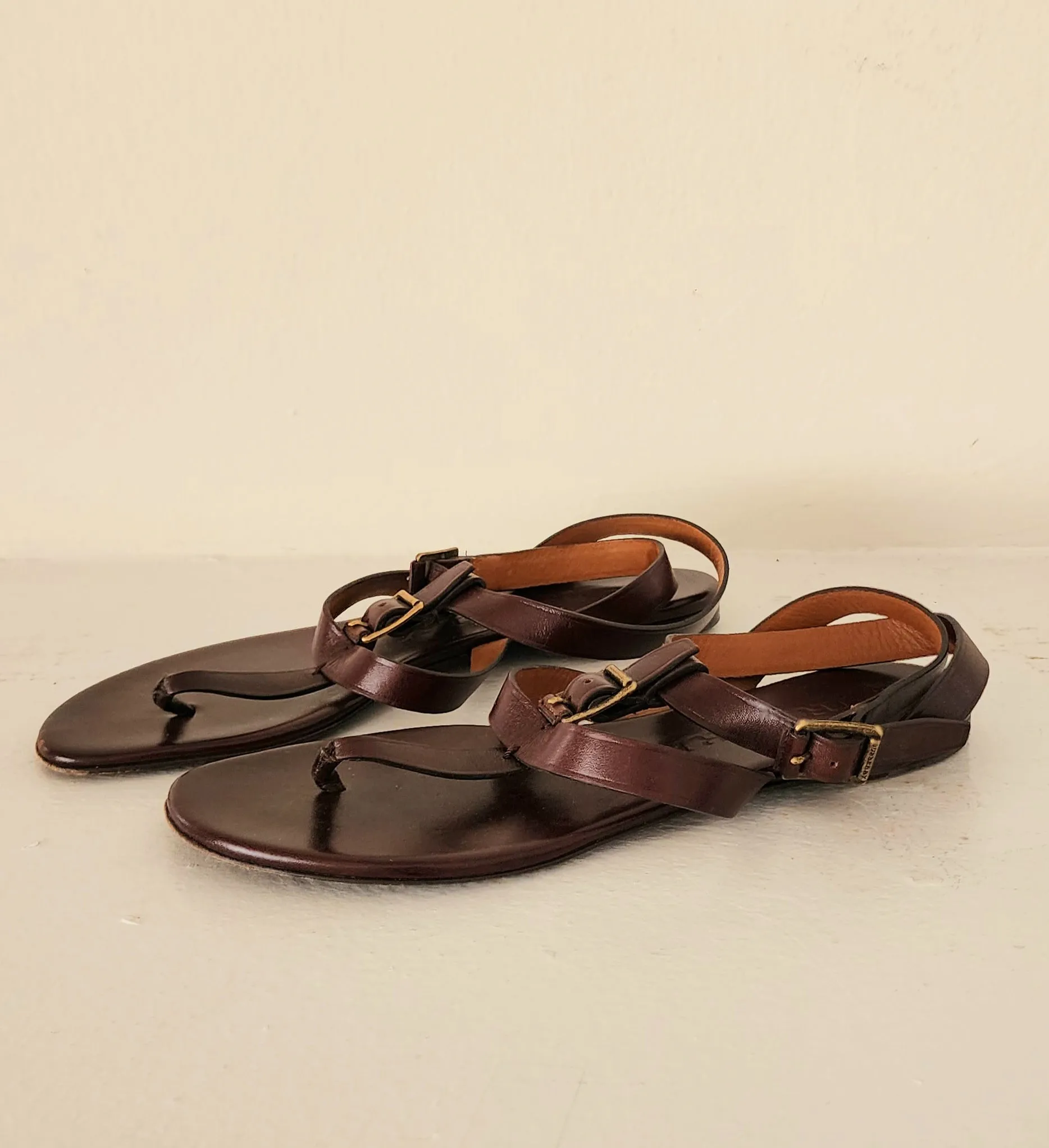 Burberry Brown Leather Sandals / Ankle Strap Thong Style Size 38