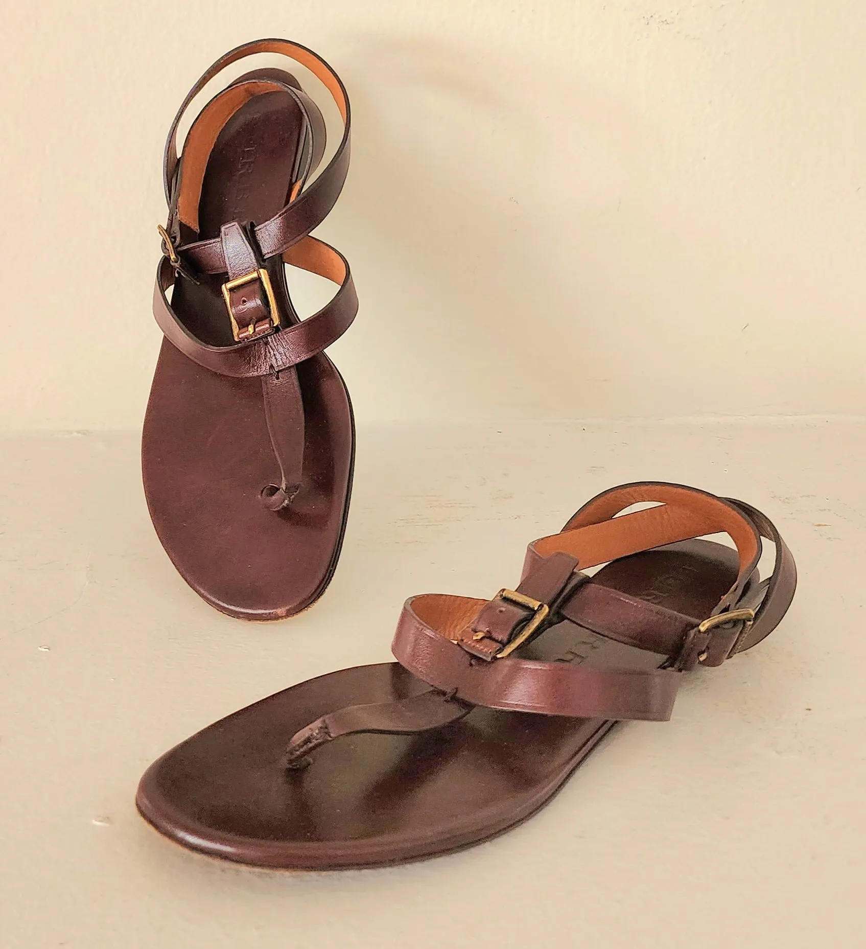 Burberry Brown Leather Sandals / Ankle Strap Thong Style Size 38