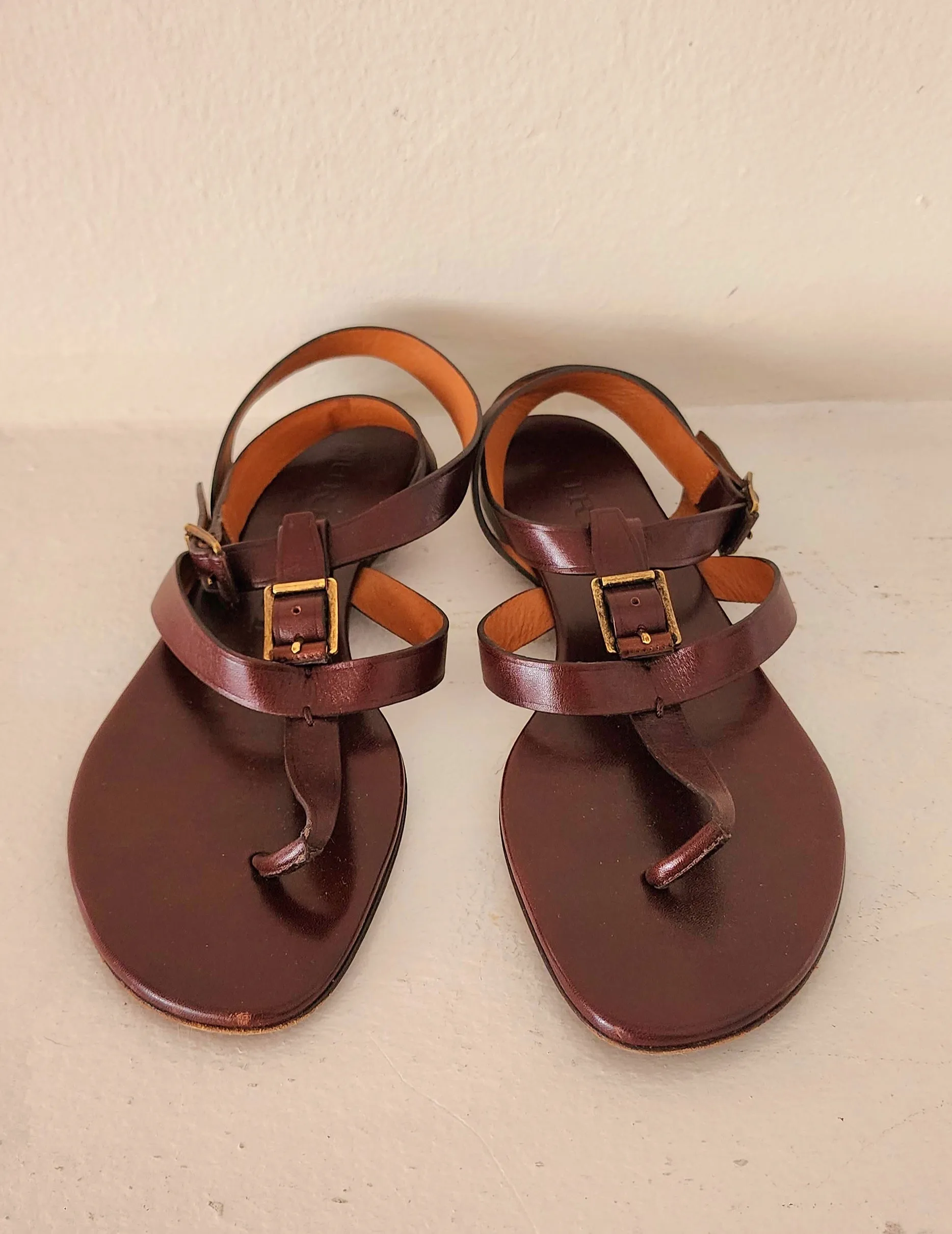 Burberry Brown Leather Sandals / Ankle Strap Thong Style Size 38