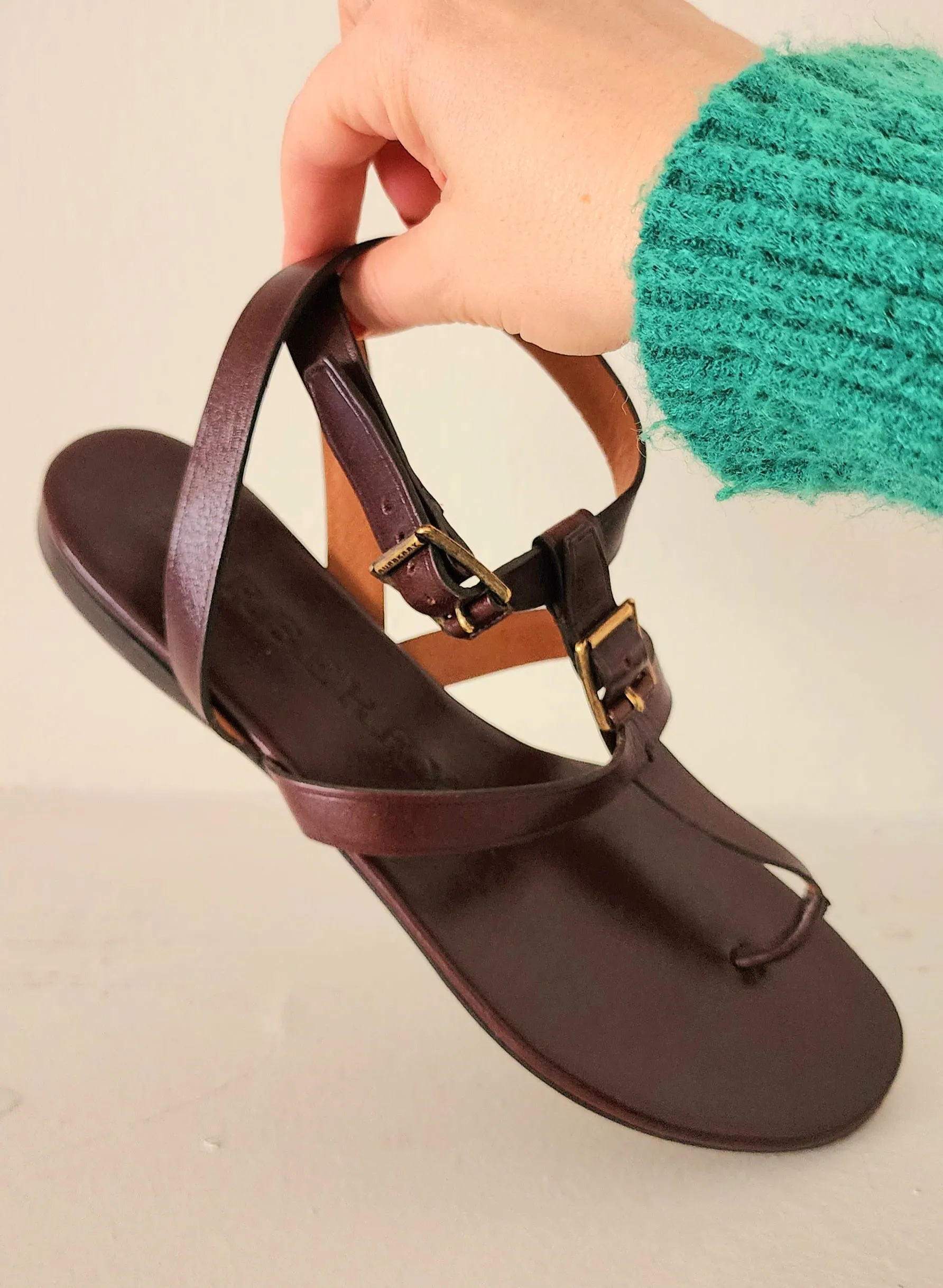 Burberry Brown Leather Sandals / Ankle Strap Thong Style Size 38