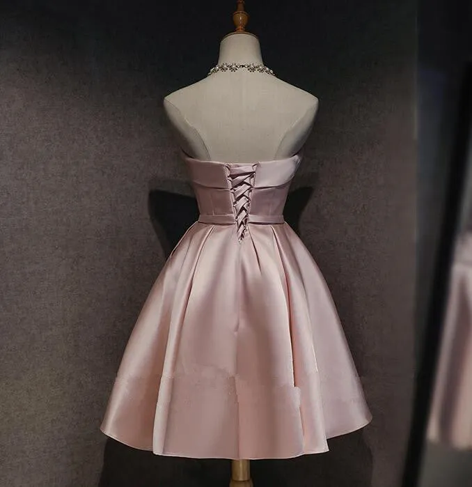 Cute Pink Satin Scoop Knee Length Short Prom Dress Homecoming Dress, Pink Formal Dresses