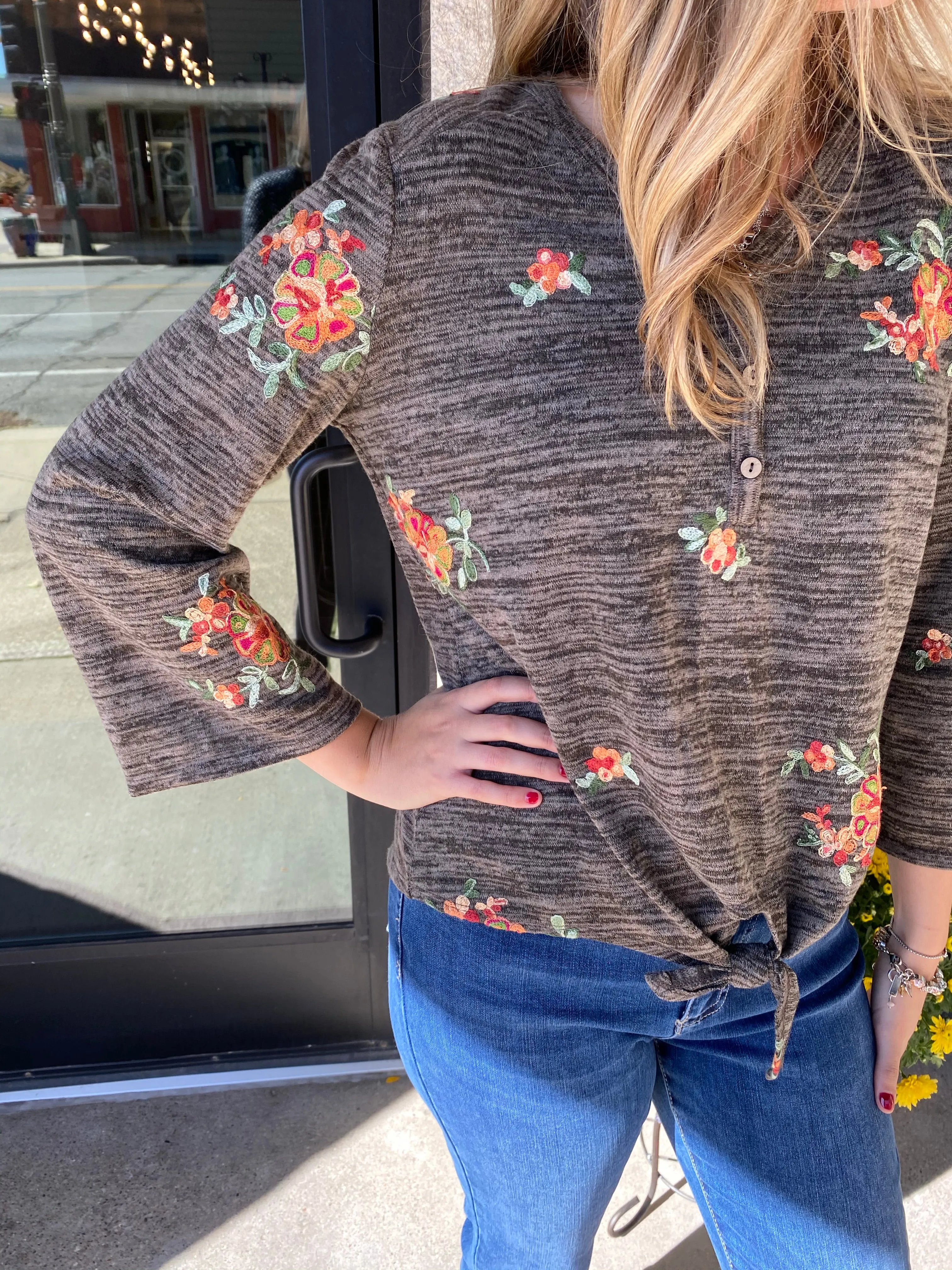Embroidered 3 Button Top with Tie