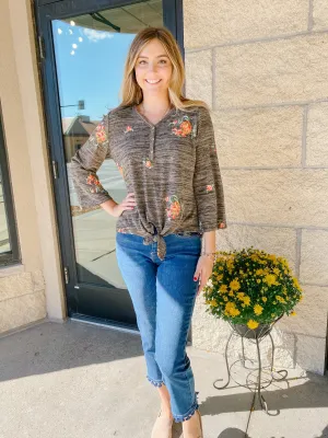 Embroidered 3 Button Top with Tie