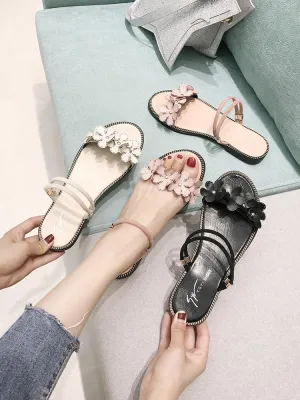 Floral Applique Ankle Strap Sandals