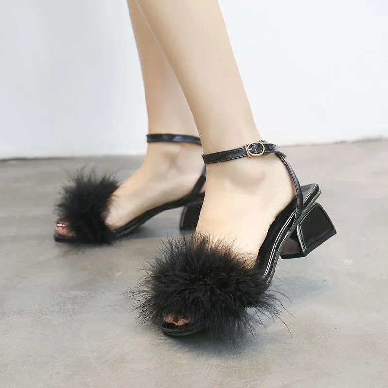 Fluffy Fur Strap Kitten Heel Sandals