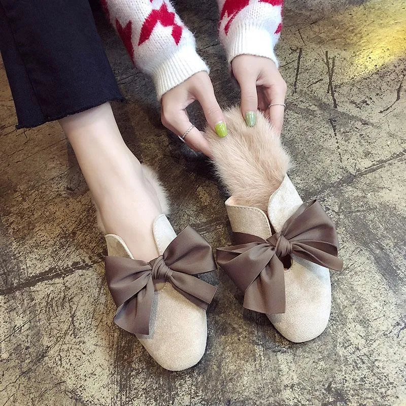 Fur Trim Floppy Bow Slippers
