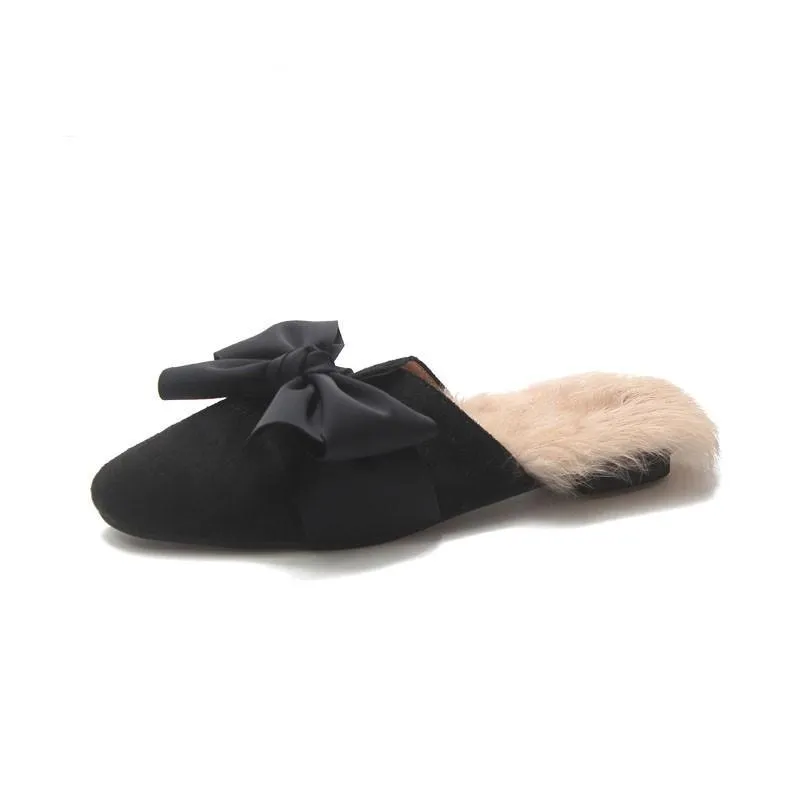 Fur Trim Floppy Bow Slippers