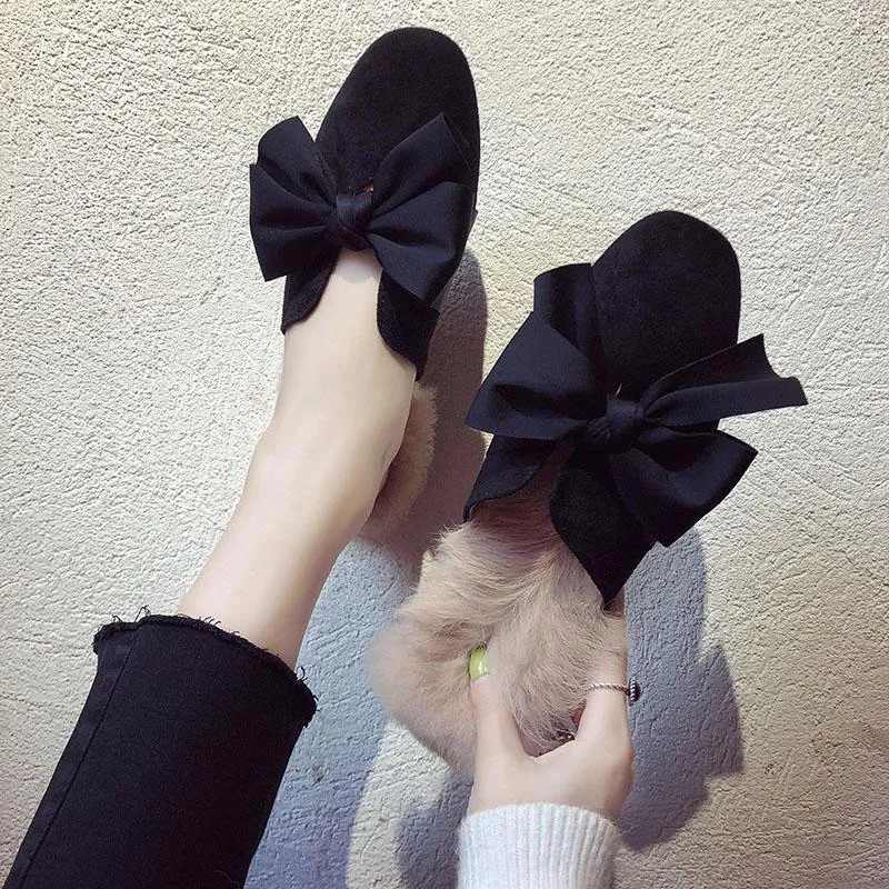 Fur Trim Floppy Bow Slippers