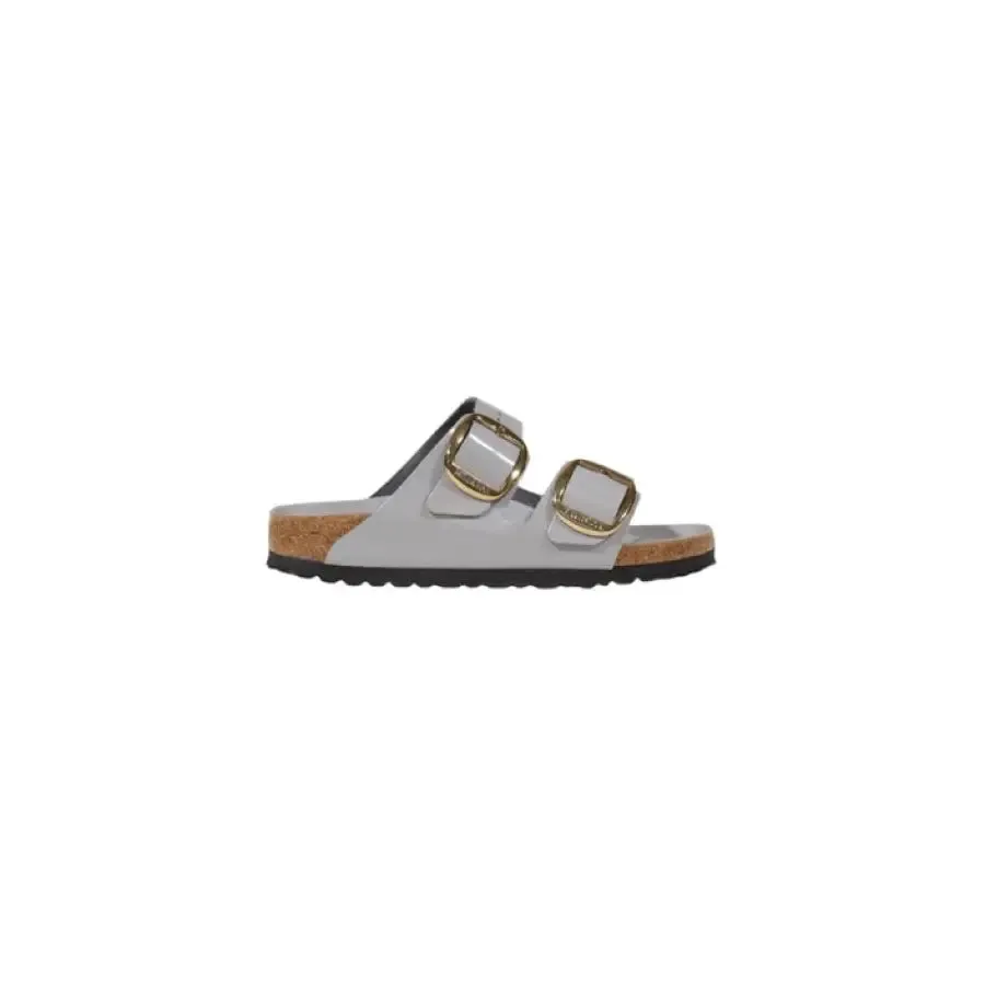 Gray Double Strap Sandal With Gold Buckles