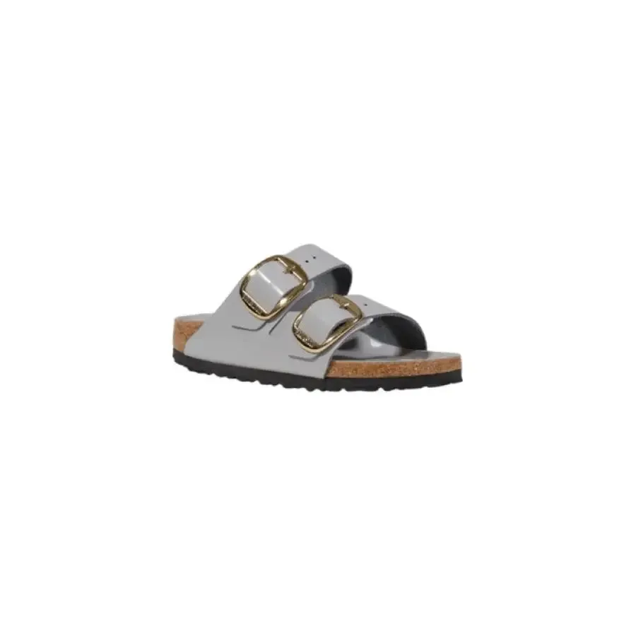 Gray Double Strap Sandal With Gold Buckles