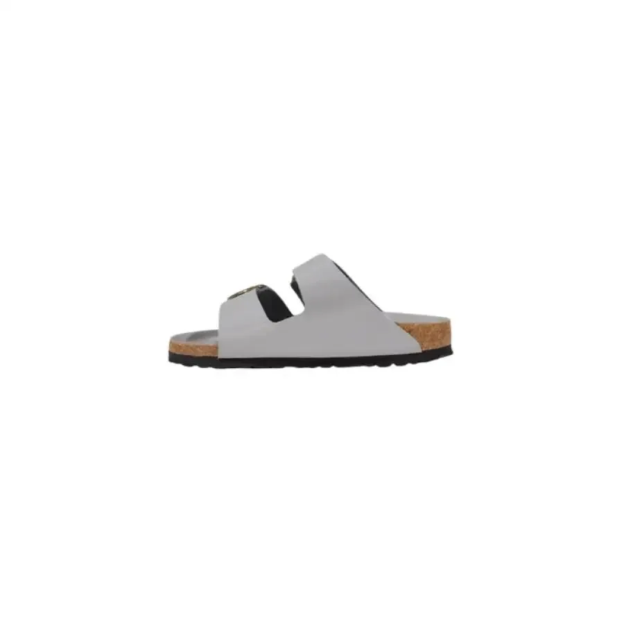 Gray Double Strap Sandal With Gold Buckles