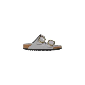 Gray Double Strap Sandal With Gold Buckles