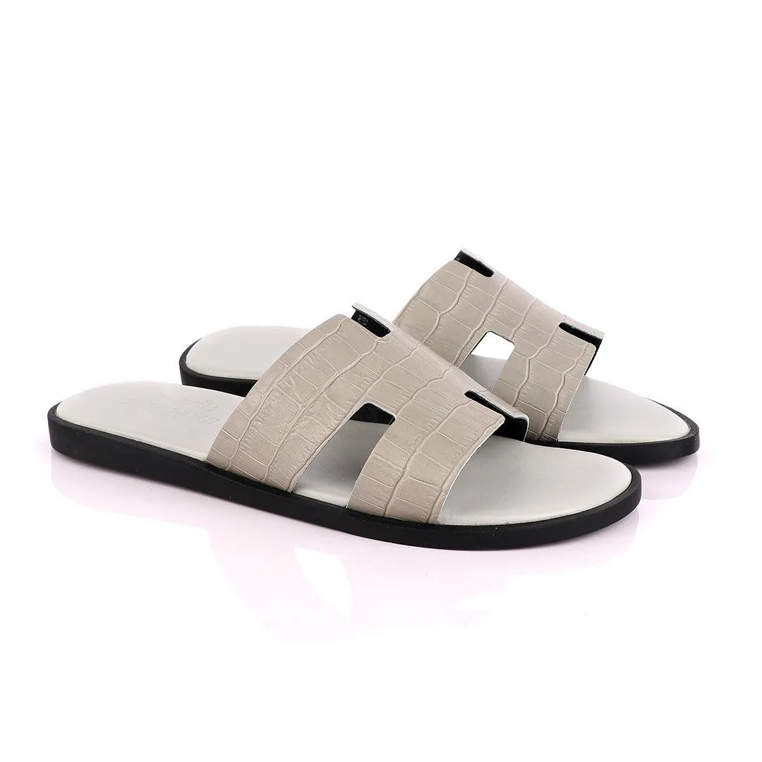 Hermes Paris  Grey Croc Patterned Leather Slippers.