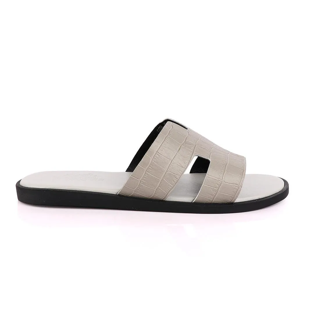 Hermes Paris  Grey Croc Patterned Leather Slippers.