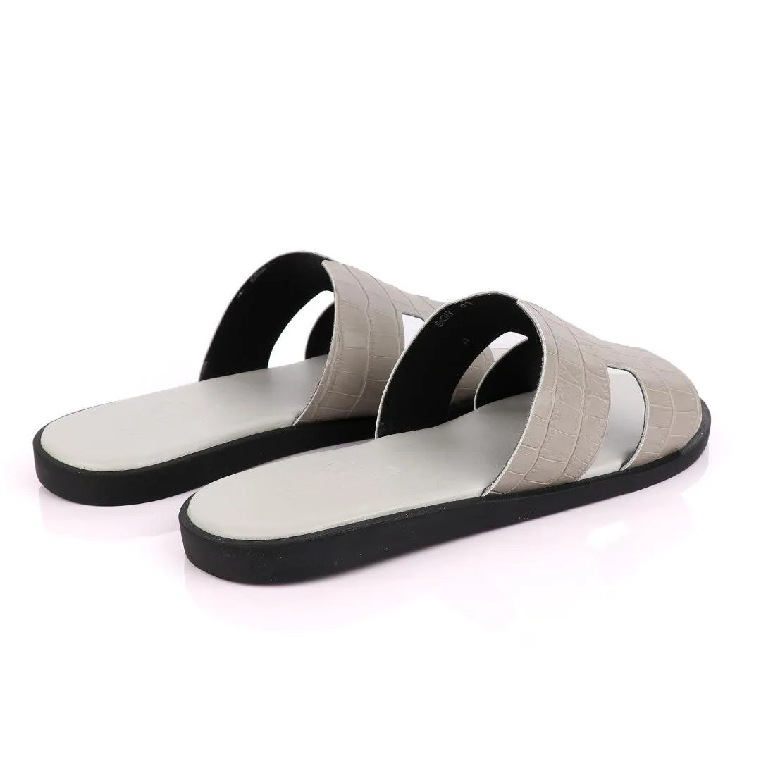 Hermes Paris  Grey Croc Patterned Leather Slippers.