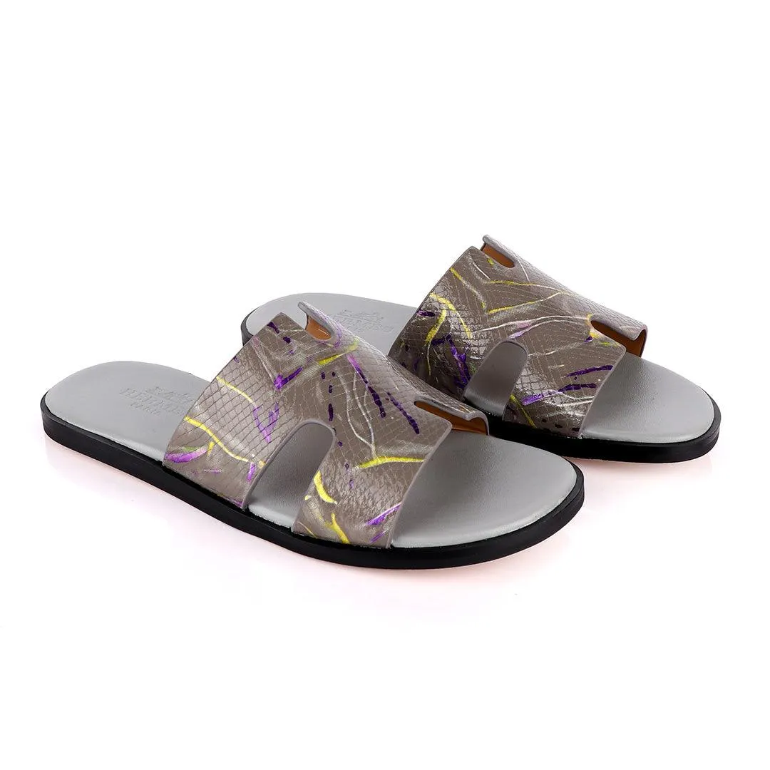 Hermes Paris Grey With Purple and Yellow Design Leather Slippers