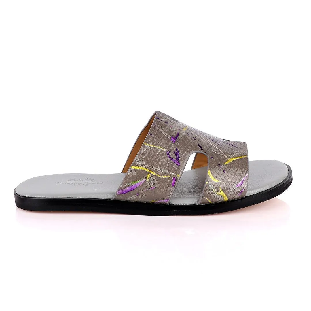 Hermes Paris Grey With Purple and Yellow Design Leather Slippers