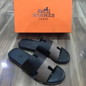 Hermes Paris Men Sandals Izmir Veau Black and Grey