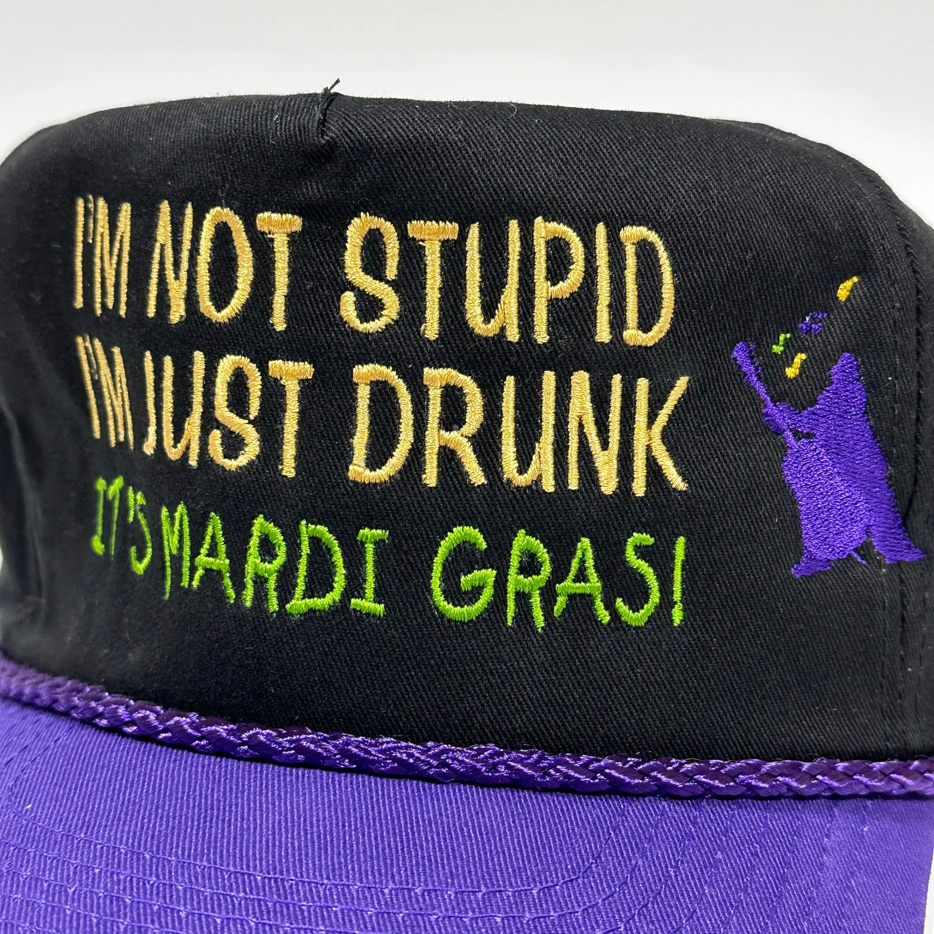 IM NOT STUPID IM JUST DRUNK MARDI GRAS Vintage Purple Brim SnapBack Cap Hat Custom Embroidered